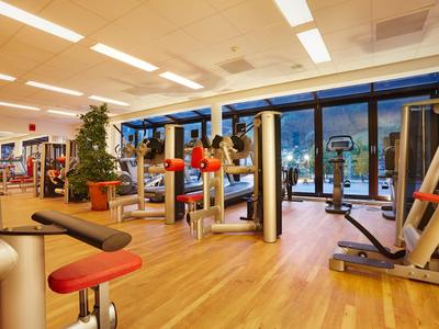 Helles Fitnessstudio mit Holzfußboden und verschiedenen Trainingsgeräten neben großen Fenstern.