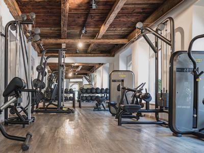 Interieur van een fitnessruimte met diverse trainingsapparatuur en houten balkenplafond.