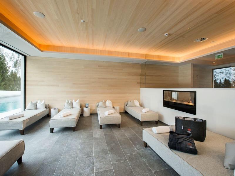 Moderner Ruheraum mit Holzdecke, grauem Boden, gepolsterten Liegen und Kamin.