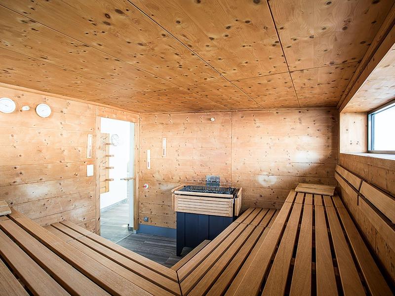 Wood-paneled sauna with benches and small window letting in sunlight.
