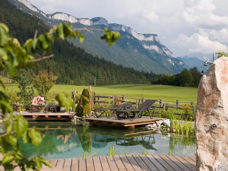 Přírodní bazén s dřevěným molem a lehátky před horskou loukou a zalesněnými horami.