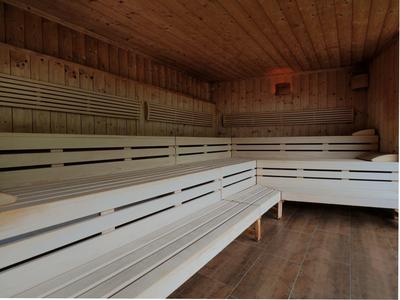 Wood sauna with multi-level benches and subdued lighting.