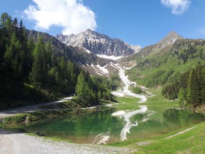 Lac de montagne avec reflet clair, entouré de prairies vertes et de montagnes boisées sous un ciel bleu.