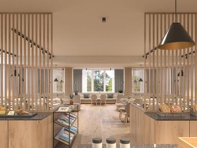 Hell gestalteter, moderner Gastraum mit Holzvertäfelungen, großen Fenstern und minimalistischem Mobiliar.