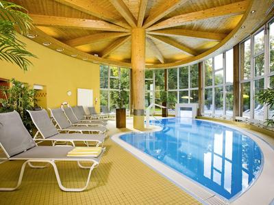 Innenliegendes Schwimmbad mit gebogenem Becken, Holzdecke und Liegestühlen neben großen Fenstern.