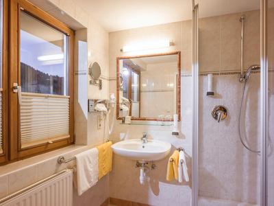 Salle de bain lumineuse avec lavabo, miroir, cabine de douche et deux fenêtres.