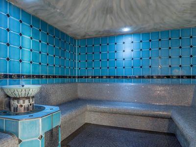 Modern steam room with blue tiles and wooden benches for relaxation.