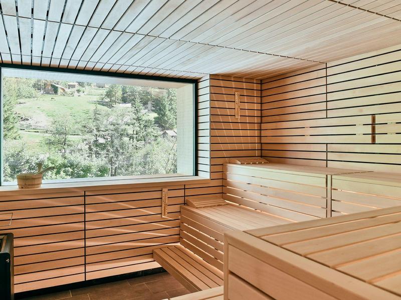 Bright sauna with wooden paneling and large window overlooking mountains.