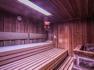 Holzsauna mit Bänken und einem Steinkorb für heiße Steine unter einer Deckenlampe.