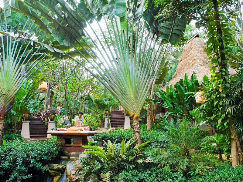 Outdoor-Sitzbereich inmitten eines tropischen Gartens mit üppiger grüner Vegetation und exotischen Pflanzen.