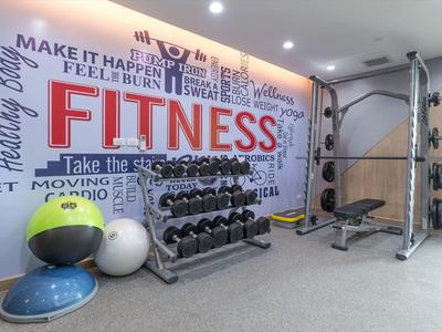 Moderner Fitnessraum mit Hanteln, Gymnastikbällen und Kraftstation in hellem Raum.