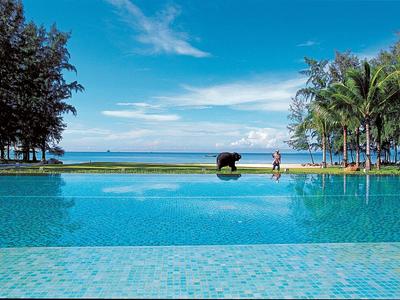 Großer blauer Pool mit Palmen links und rechts, dahinter Meer und Himmel mit wenigen Wolken.