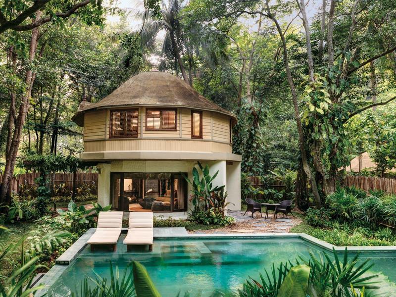 Rundes Haus in Wald mit großem Pool und Liegestühlen, umgeben von dichtem Grün.