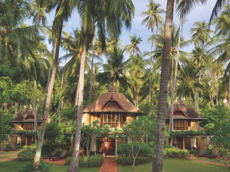 Traditionelles Haus mit Strohdach umgeben von hohen Palmen und üppigem grünem Garten.