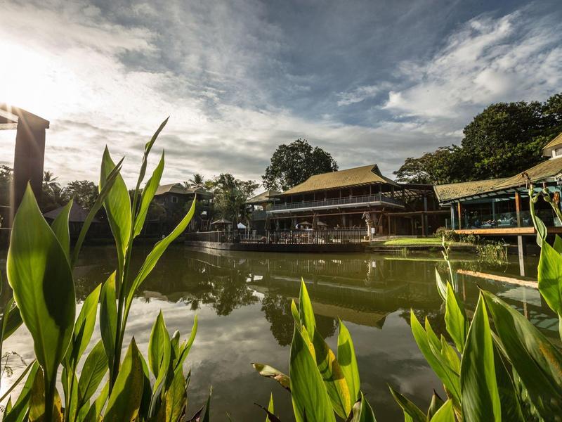 Výhled na klidné rybníky se zelenými rostlinami v popředí a tradiční architekturou v pozadí.