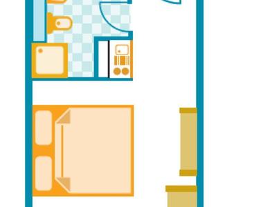 Grundriss eines 25 m² Apartments mit Wohn-Schlafbereich, Bad und Balkon, farbig und schematisch dargestellt.