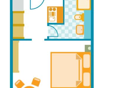 Grundriss 3,2 qm Apartment mit Schlafzimmer, Bad, Küche und Wohnbereich mit Balkon.