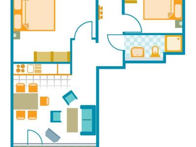 Grundriss einer Wohnung mit zwei Schlafzimmern, Wohnzimmer, Küche und Terrasse mit Gartenmöbeln.