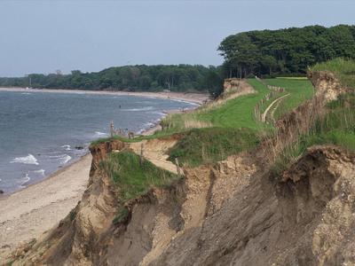 Küste mit steil abfallenden Klippen, grün bewachsen, und einem schmalen Sandstrand am Meer.