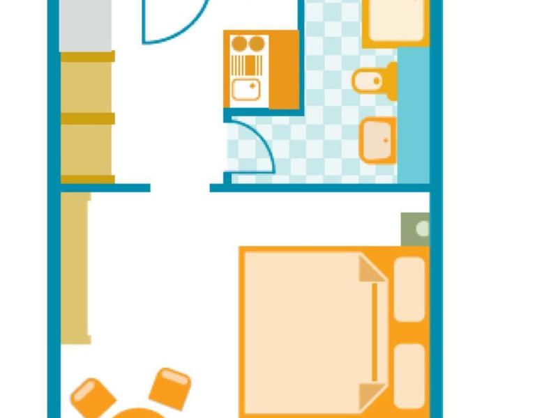 Grundriss 3,2 qm Apartment mit Schlafzimmer, Bad, Küche und Wohnbereich mit Balkon.