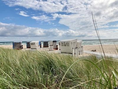 Strandsessel am Sandstrand mit Gras im Vordergrund und bewölktem Himmel im Hintergrund.