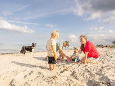 Familie mit zwei Kindern und Hund spielt an einem sonnigen Sandstrand am Meer.