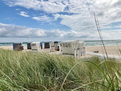 Reihe von Strandkörben am sandigen Strand mit Gras im Vordergrund unter bewölktem Himmel.
