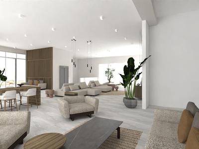 Großes, helles Wohnzimmer mit bequemen Sofas, modernen Möbeln und grünen Pflanzen auf hellem Boden.