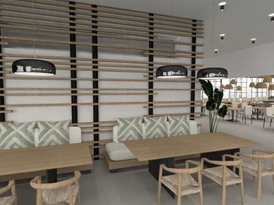 Modernes Café mit Holzstühlen, Tischen und gepolsterten Sitzbänken in hellem Raum.