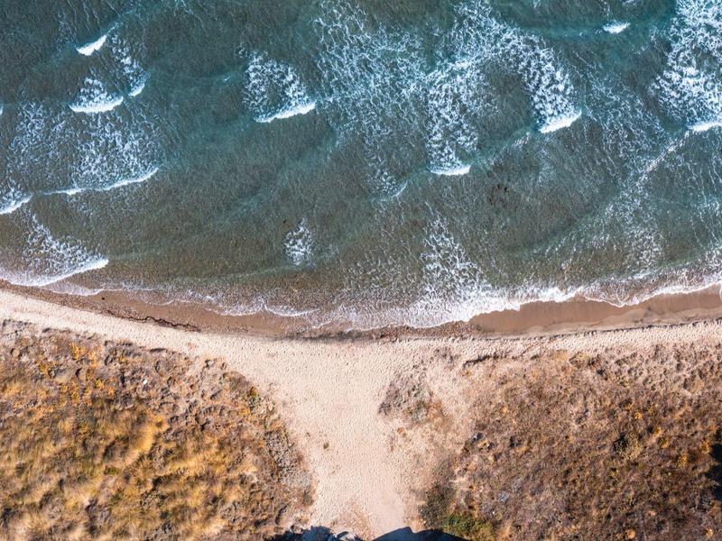 Aerial view of a grassy beach section with waves crashing on the shore.