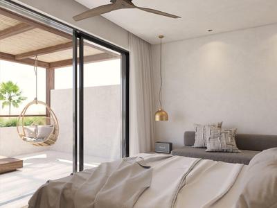 Modernes Schlafzimmer mit großen Glasschiebetüren, Blick auf Balkon mit hängendem Korbstuhl.