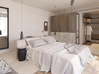 Modernes Schlafzimmer mit großem Bett, weißen Wänden, Holzakzenten und integriertem Kleiderschrank.