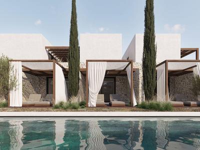 Moderne weiße Villa mit Zypressen, Vorhängen und einem klaren Pool im Vordergrund.