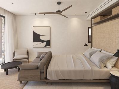 Helles Schlafzimmer mit großem Bett, grauer Couch, modernem Deckenventilator und abstraktem Wandbild.