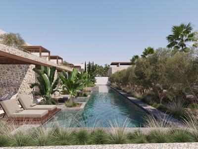 Moderner Außenpool mit klar blauem Wasser, umgeben von Pflanzen, Liegestühlen und Holzterrassen.