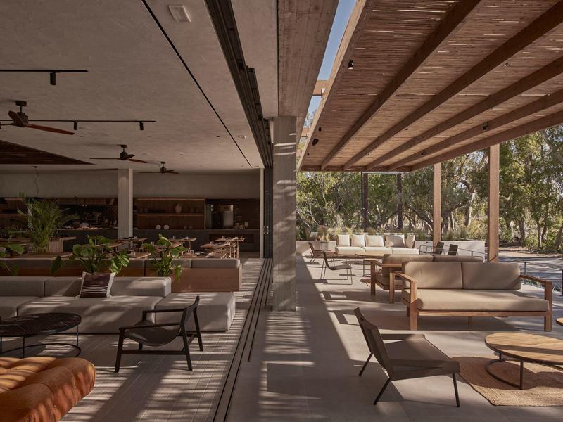 Modernes, offenes Café mit Holzdach, gemütlichen Sofas und Stühlen, großen Glasfenstern und viel Tageslicht.