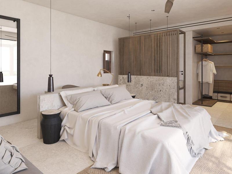 Modernes Schlafzimmer mit großem Bett, weißen Wänden, Holzakzenten und integriertem Kleiderschrank.