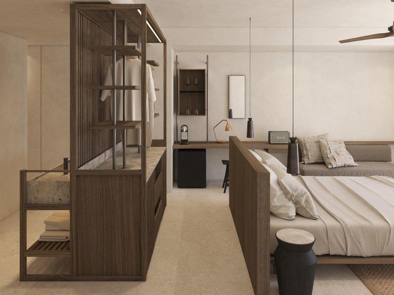 Modernes Schlafzimmer mit großem Bett, Holzregal, neutralen Farben und minimalistischer Einrichtung.