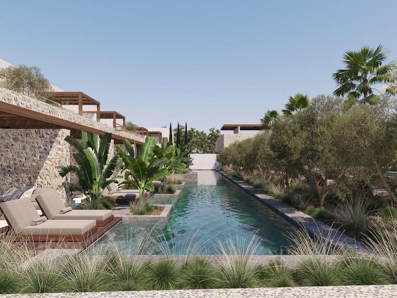 Moderner Außenpool mit klar blauem Wasser, umgeben von Pflanzen, Liegestühlen und Holzterrassen.