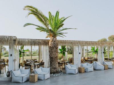 Terrassenbereich mit weißen Sesseln und Tischen unter Palmen und heller Pergola bei Tageslicht.