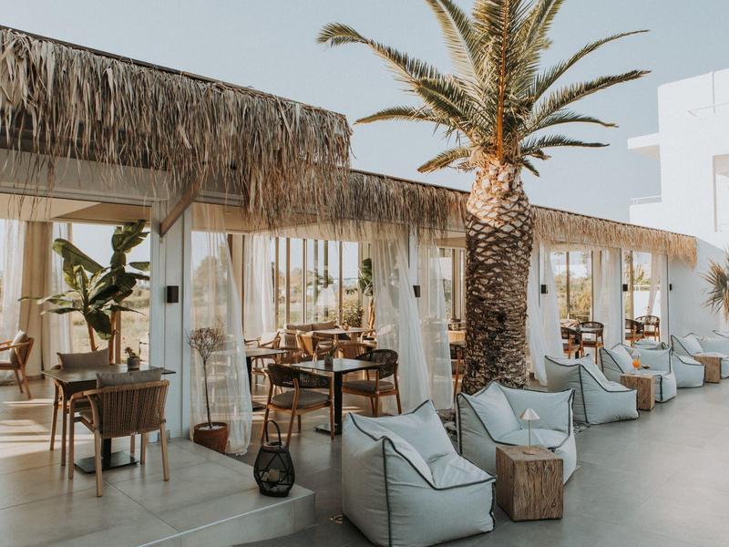 Venkovní restaurace s dřevěným nábytkem, palmami a pohodlnými polštáři v světlém a vzdušném prostoru.