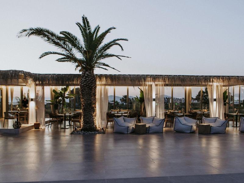 Moderní hotelový pavilon s palmou a pohodlnými sedacími místy za soumraku.