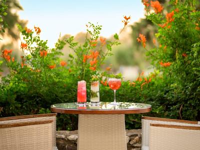 Gemütliche Terrasse mit Tisch, Gläsern und Blumen im Hintergrund bei Tageslicht.