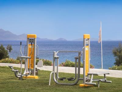 Öffentliches Fitnessgerät auf grünem Rasen mit Meer und Bergen im Hintergrund unter klarem Himmel.