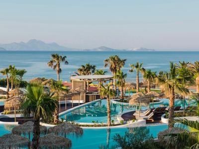 Hotelpool mit Palmen und Meerblick bei klarem Himmel.