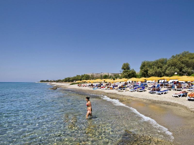 Čisté moře s lidmi na pláži, slunečníky a stromy pod modrou oblohou.