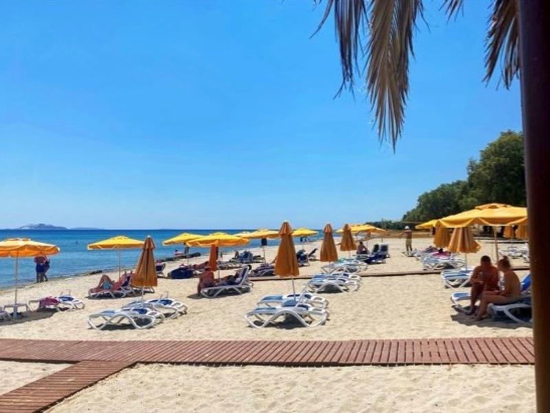 Pláž se žlutými slunečníky a lehátky pod modrou oblohou