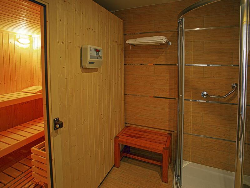 Moderní sauna s dřevěnými stěnami, lavičkou a skleněnou sprchou ve wellness části.