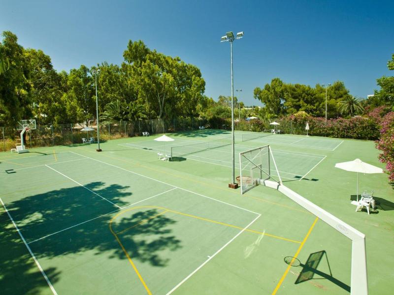 Leeg buitensportterrein omgeven door groen onder een heldere blauwe lucht.