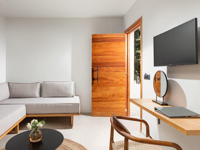 Moderne woonkamer met houten deur, aan de muur gemonteerde tv en gevlochten stoel bij een console